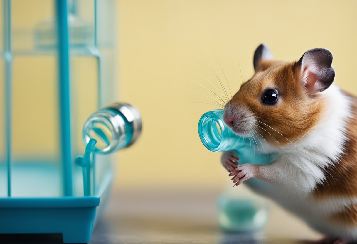 A hamster sipping water from a small bottle attached to the side of its cage