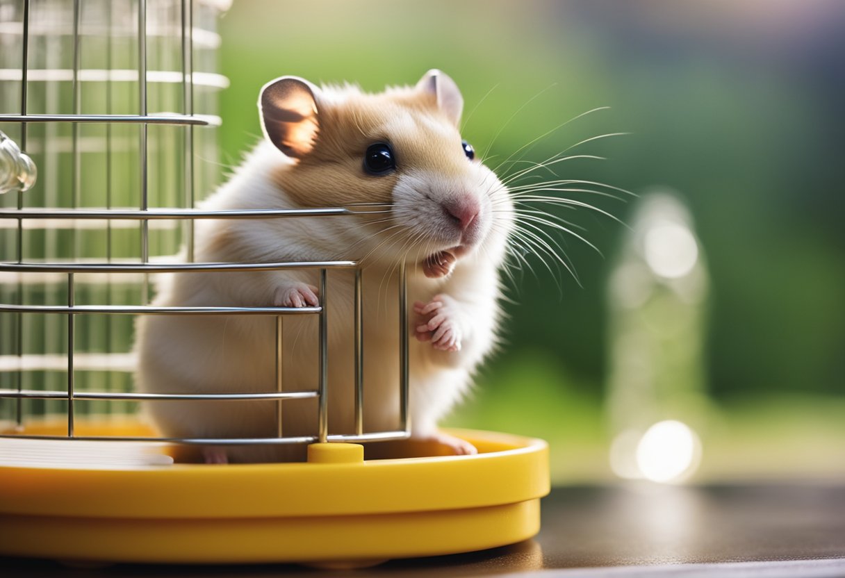 A hamster sips from a small water bottle in its cage