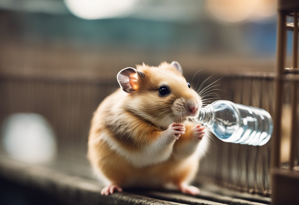 A hamster drinking from a water bottle inside a cage