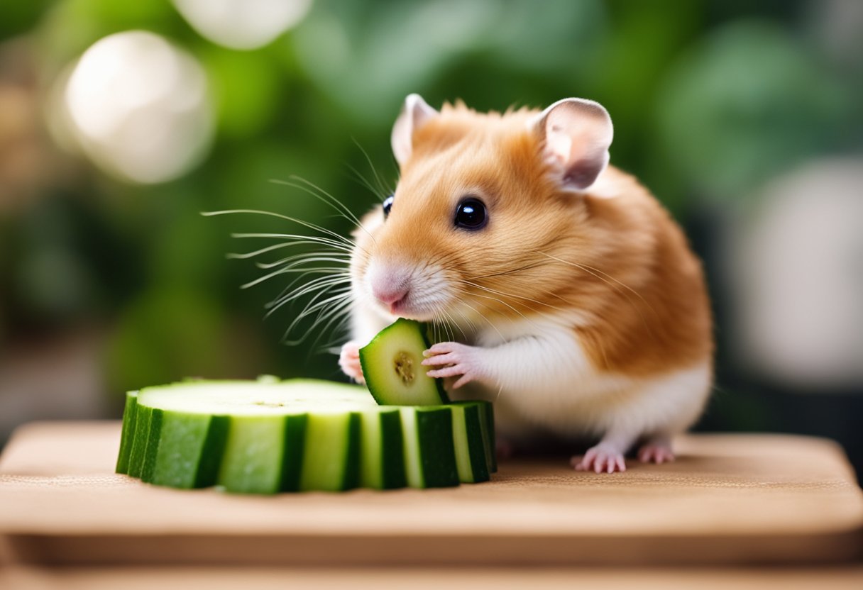 A hamster eagerly munches on a slice of cucumber in its cozy cage