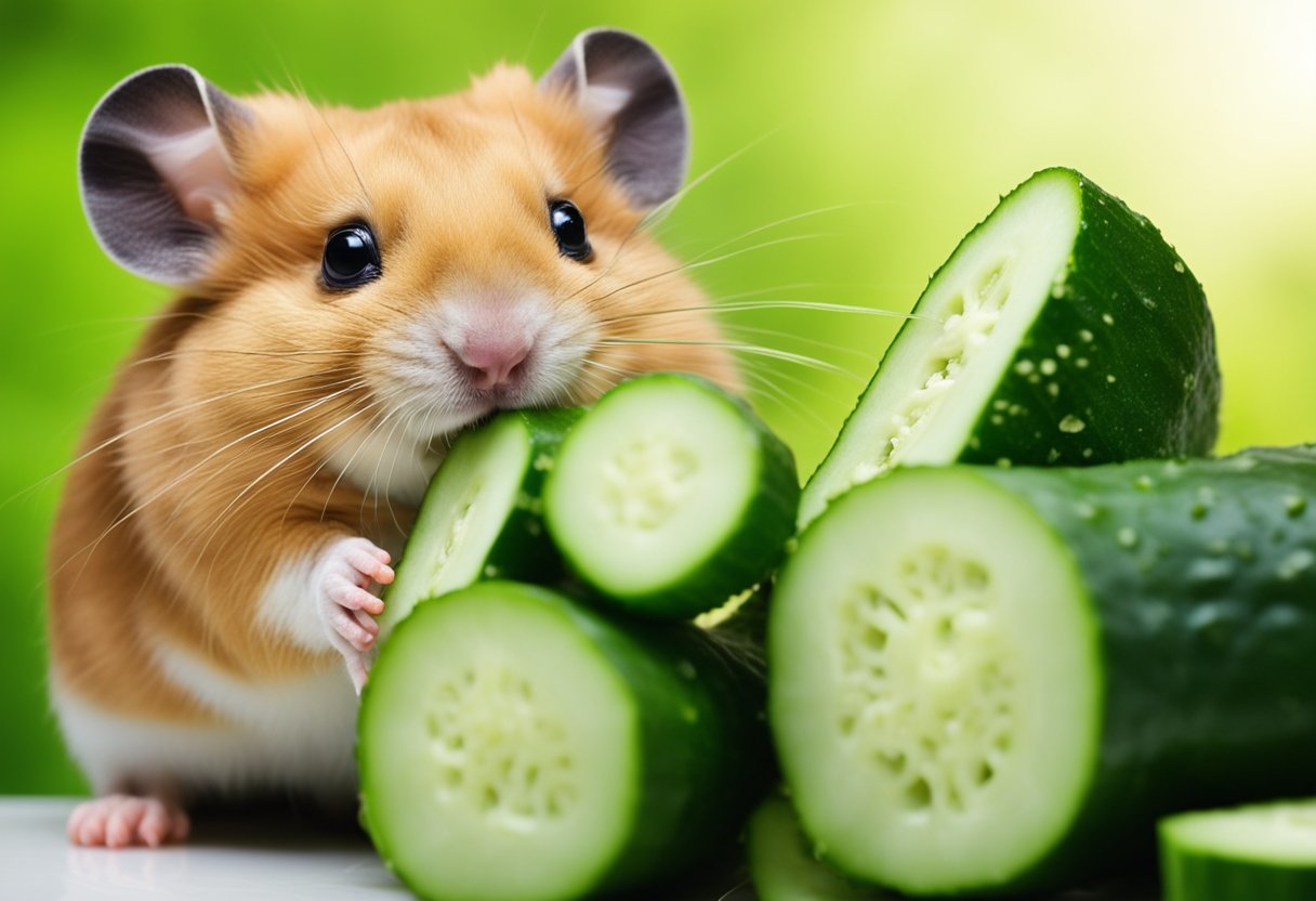 A hamster sits beside a pile of fresh cucumber, sniffing and nibbling on the green slices