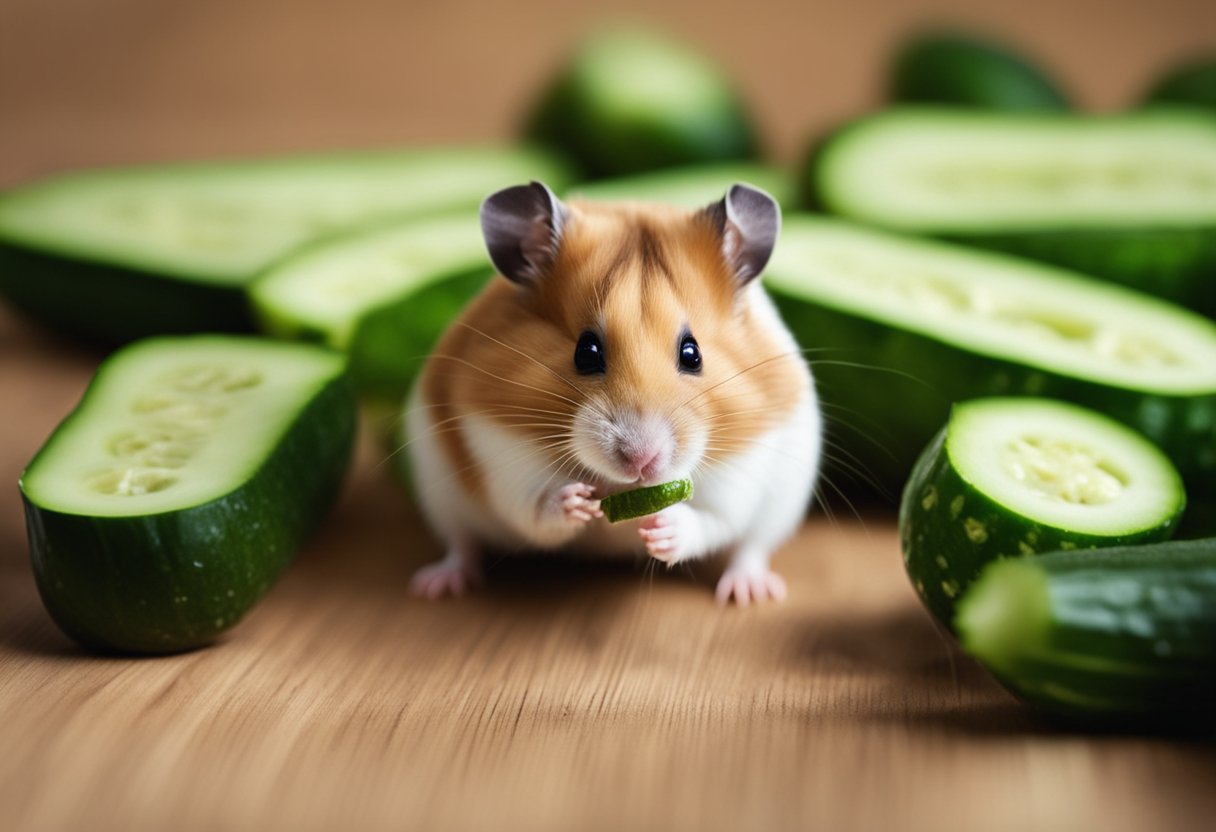 A hamster nibbles on a slice of cucumber next to a pile of fresh cucumbers
