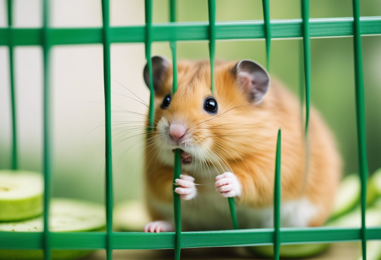A hamster nibbles on a slice of cucumber in its cage