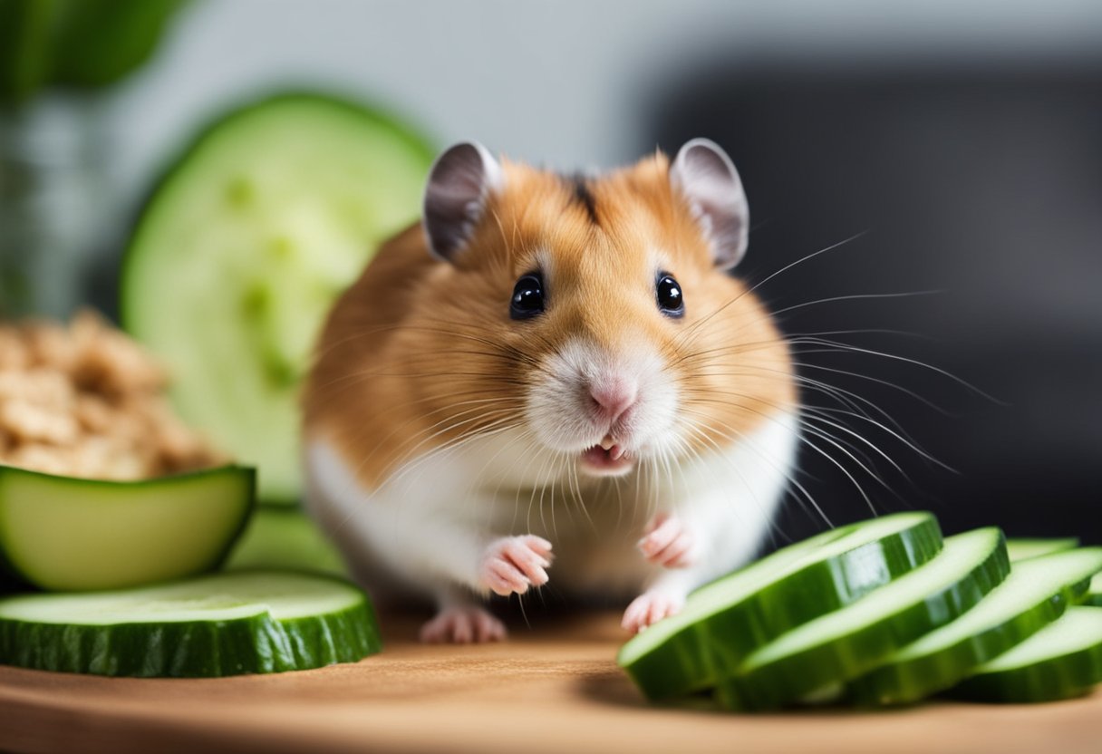 A hamster eagerly munches on a slice of cucumber, its tiny paws holding the vegetable as it nibbles away