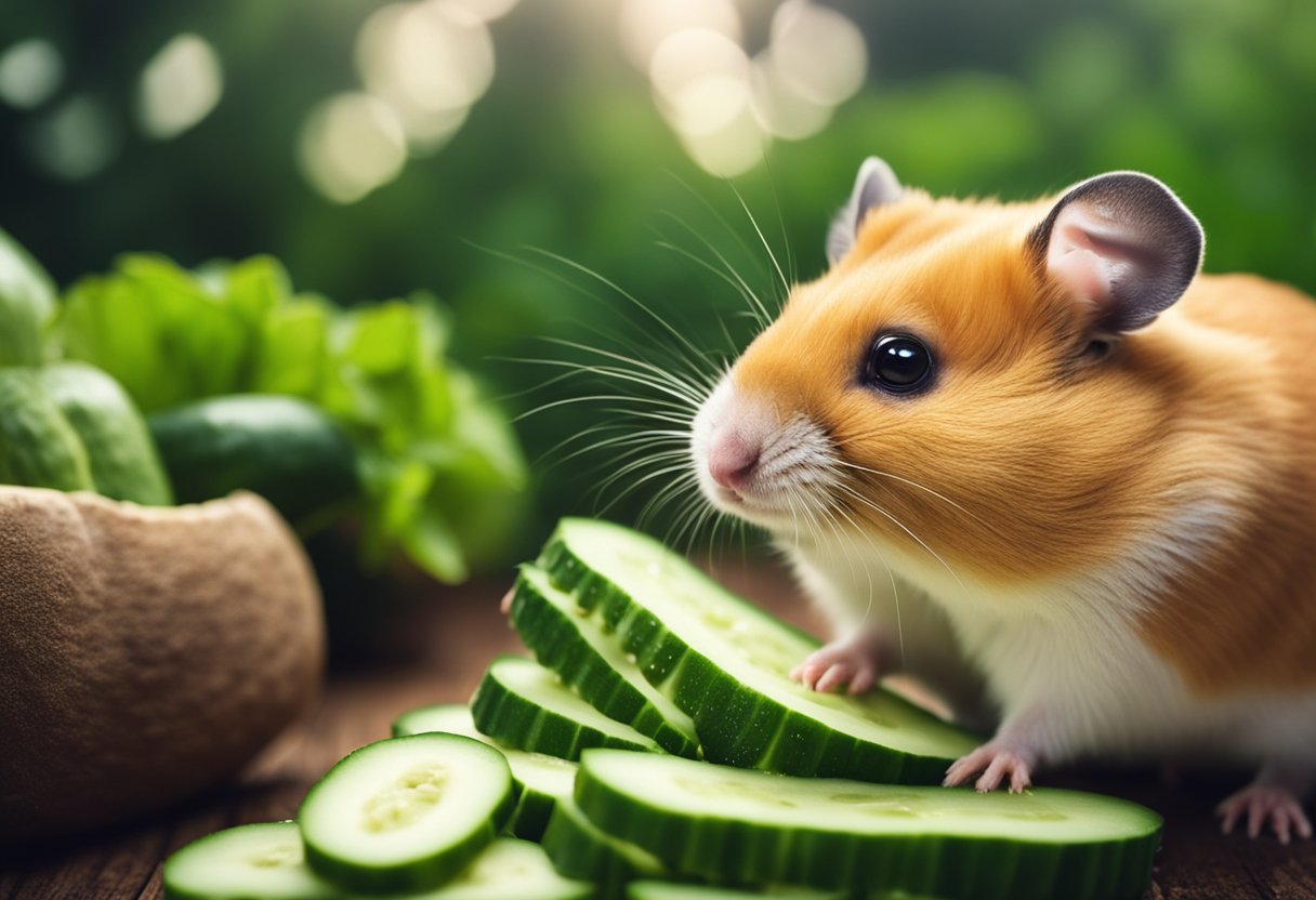 A hamster eagerly munches on a fresh cucumber, while a speech bubble above it reads "Can hamsters have cucumber?"