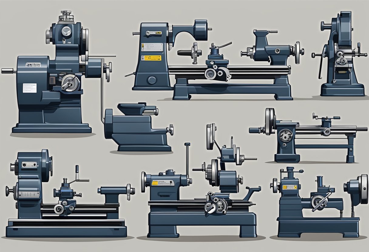 A variety of lathe milling machines arranged in a workshop, including horizontal, vertical, and combination types