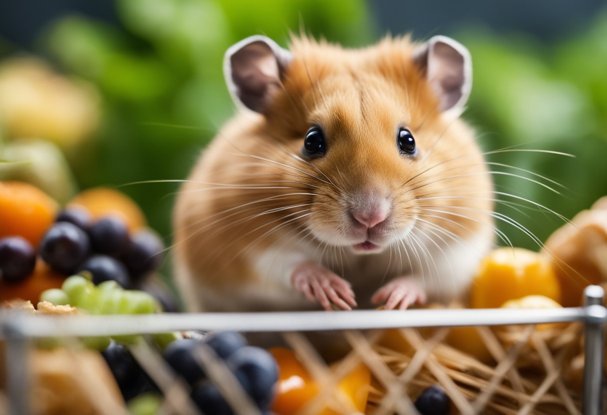 A hamster sits in its cage, surrounded by a variety of food options. Its cheeks are full as it munches on a seed, showcasing its ability to store food for later