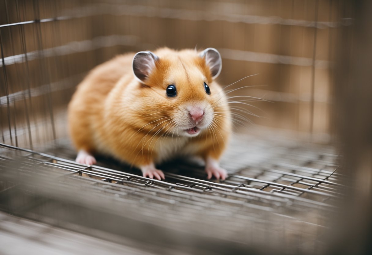 A hungry hamster sits in an empty cage, searching for food. Its small body appears weak and tired as it waits for nourishment