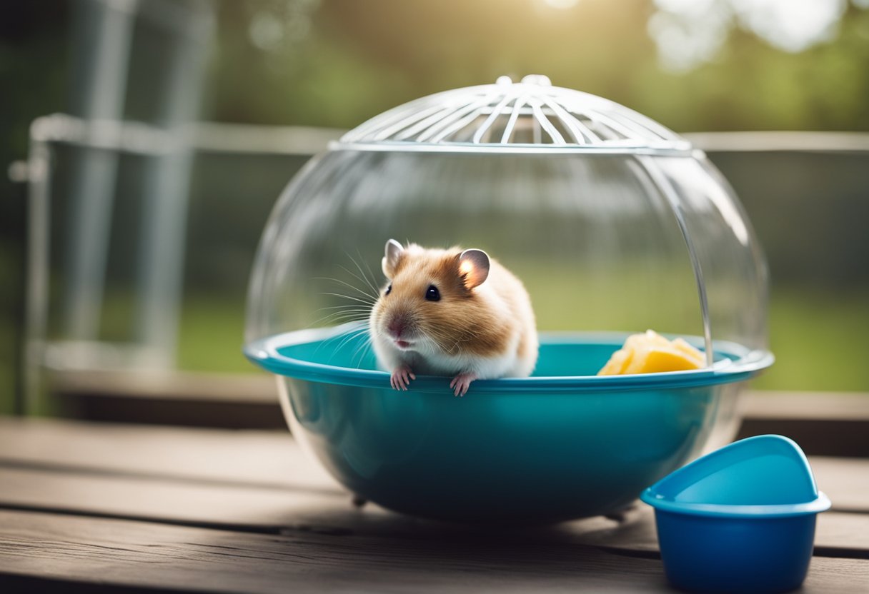 A hamster sits in a cage with an empty food bowl, looking around anxiously. The water bottle is also empty