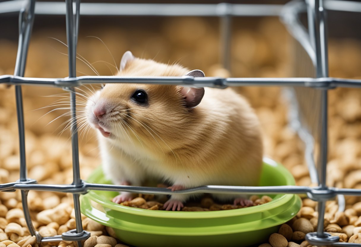 A hamster sits in an empty cage, with an empty food bowl nearby. The hamster looks weak and hungry, as it has not been fed for an extended period of time