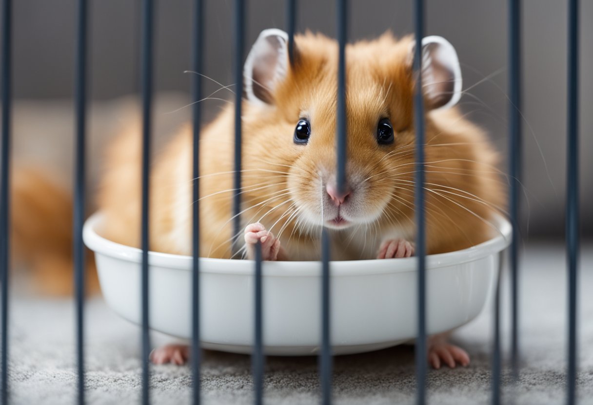 A hamster sitting in a cage with an empty food bowl, looking around anxiously
