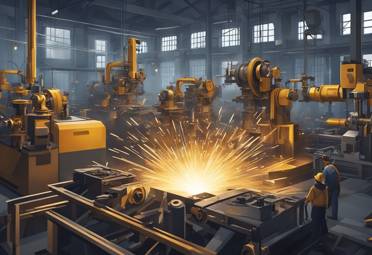 Machines grind, turn, mill, and drill metal parts in a busy industrial workshop. Spinning gears and flying sparks create a dynamic and energetic atmosphere