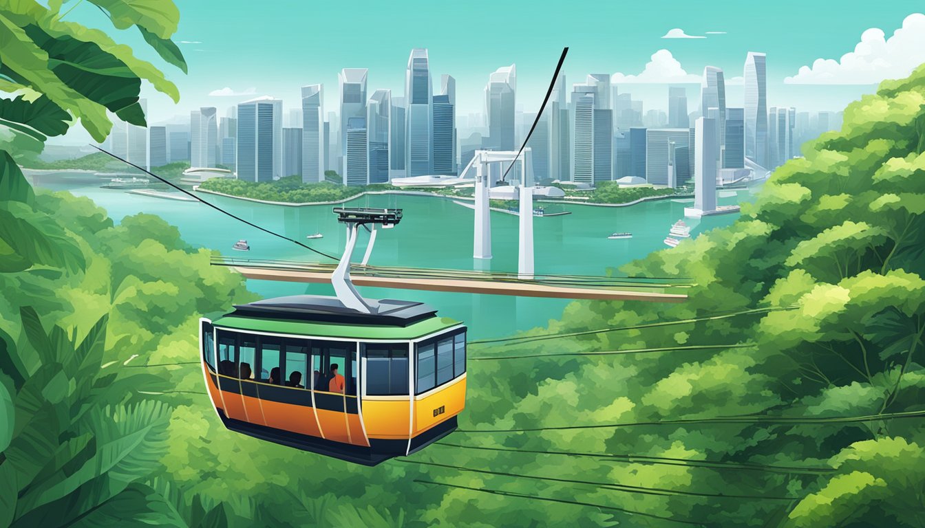 The cable car glides over lush greenery, with a panoramic view of Singapore's skyline and harbor in the distance