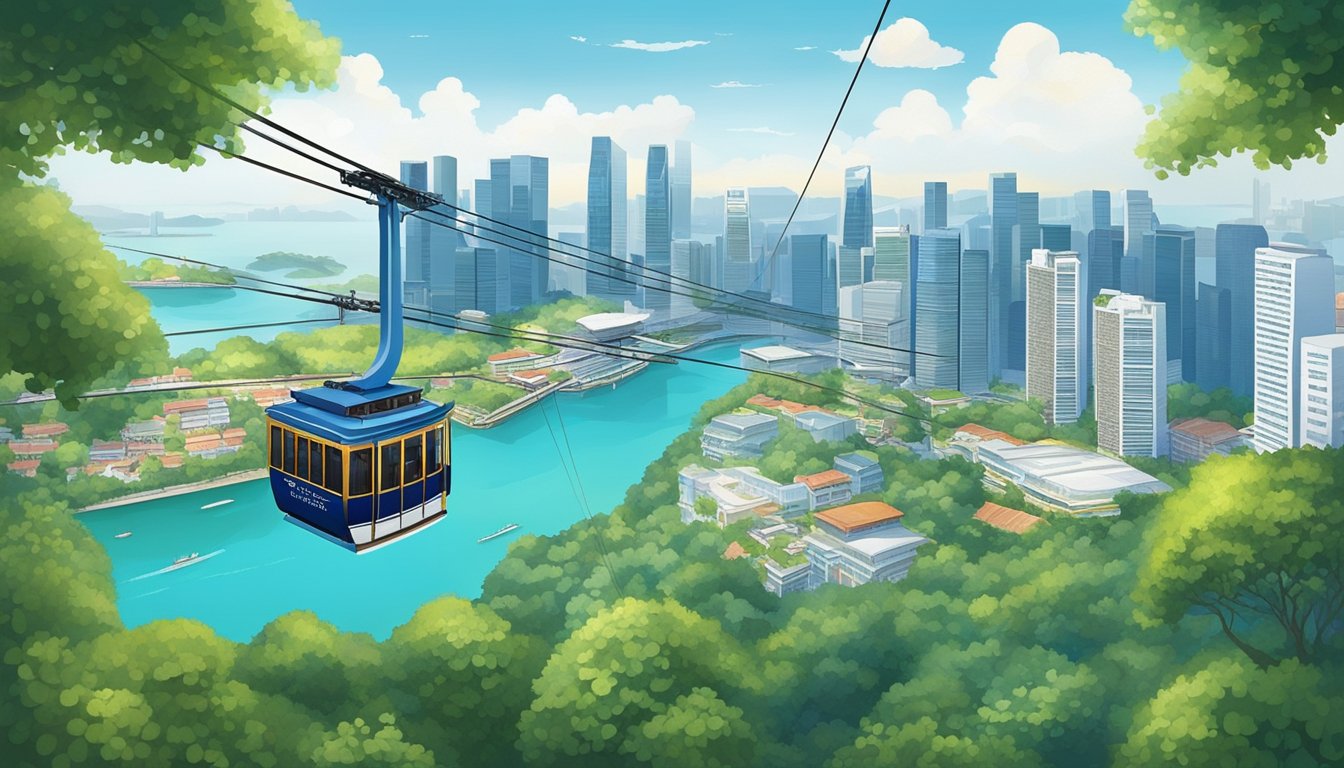 The Singapore Cable Car glides over lush greenery and sparkling blue waters, with the city skyline in the distance. The cable car cabins are suspended on sturdy cables, offering a breathtaking aerial view of the picturesque landscape