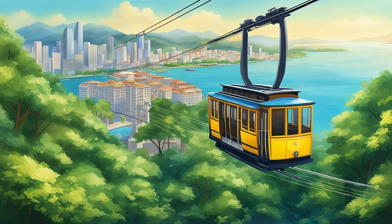 The cable car glides smoothly over lush greenery, offering panoramic views of the city skyline and sparkling blue waters below. The gentle hum of the cable car adds to the sense of tranquility and excitement