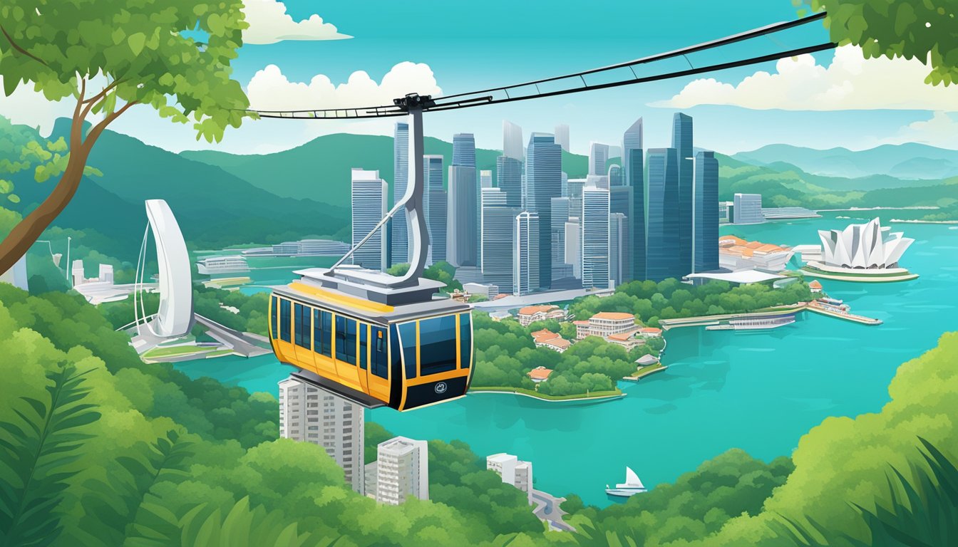 The Singapore Cable Car glides over lush green hills and sparkling blue waters, with a backdrop of the city skyline and iconic landmarks