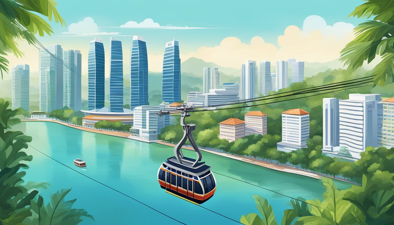 The Singapore Cable Car glides smoothly over the sparkling blue waters, with lush greenery and vibrant cityscape in the background. The cable car cabins are clean and well-maintained, with safety features clearly visible