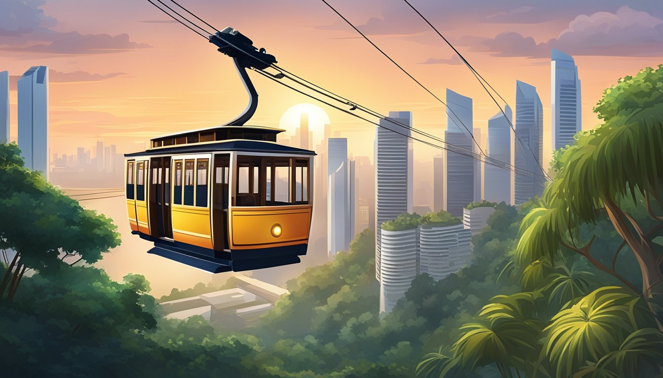 The Singapore Cable Car glides over lush greenery, with the city skyline in the distance. The sun sets, casting a warm glow over the cable car cabins as they traverse the stunning landscape