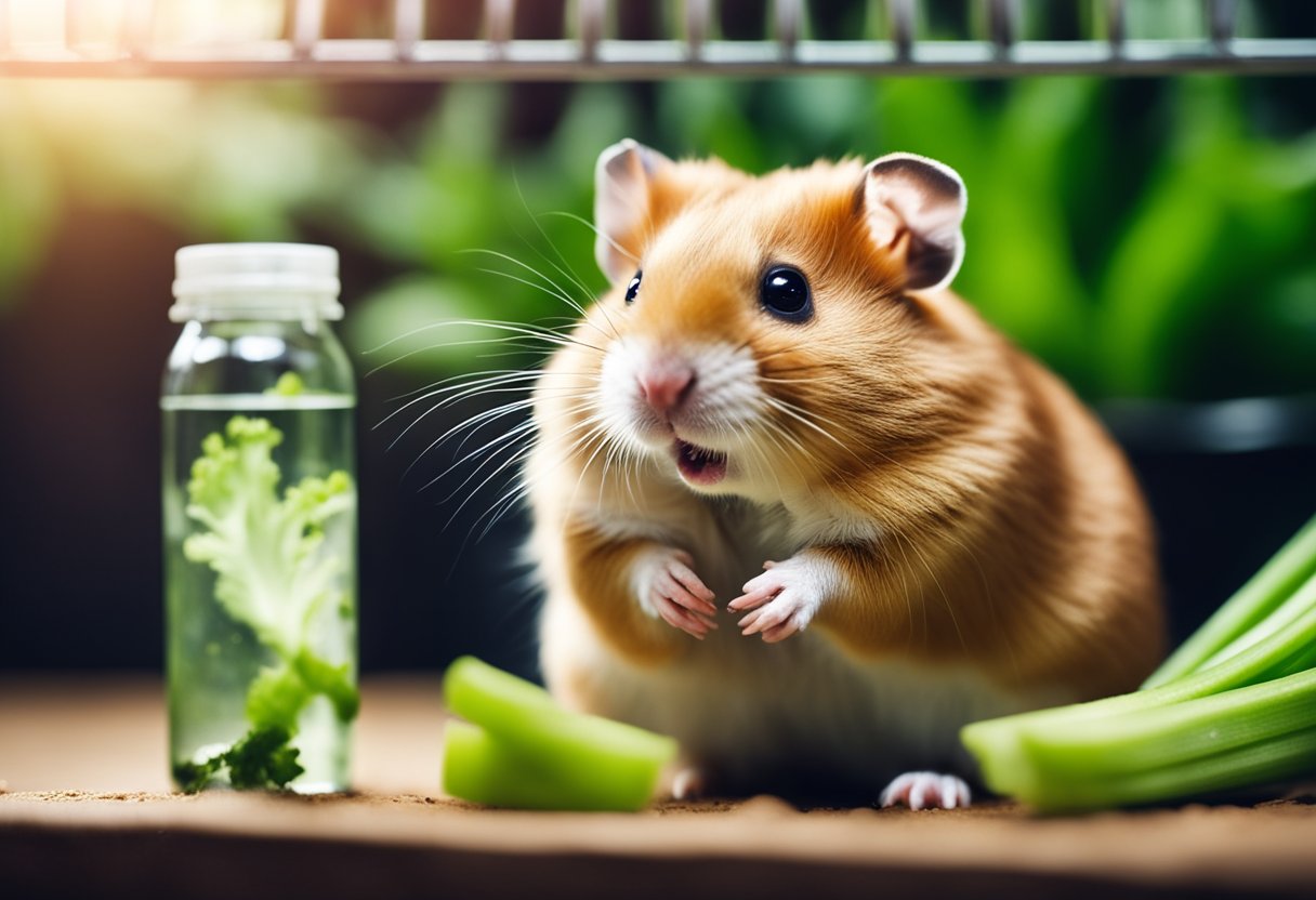 A hamster nibbles on a piece of celery in a small cage, surrounded by bedding and a water bottle