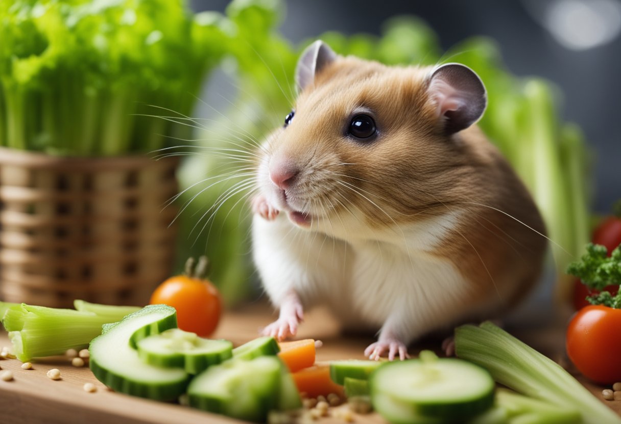 A hamster nibbles on a stalk of celery in its cage, surrounded by a variety of fresh vegetables and pellets in a bowl