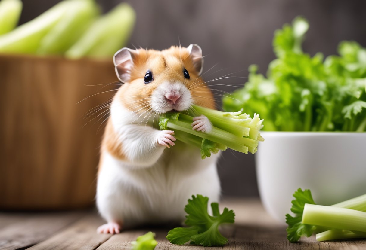 A hamster nibbles on a piece of celery, holding it with its tiny paws and munching away eagerly