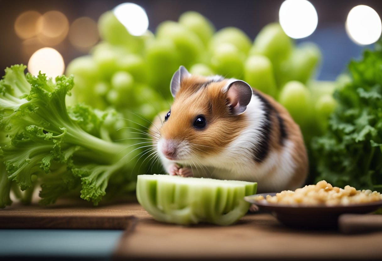A hamster nibbles on a piece of celery in its cage. A small bowl of fresh water sits nearby