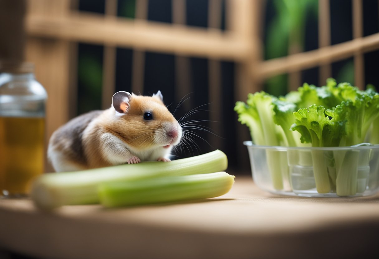 A hamster nibbles on a stalk of celery in a small cage with a water bottle and bedding in the background