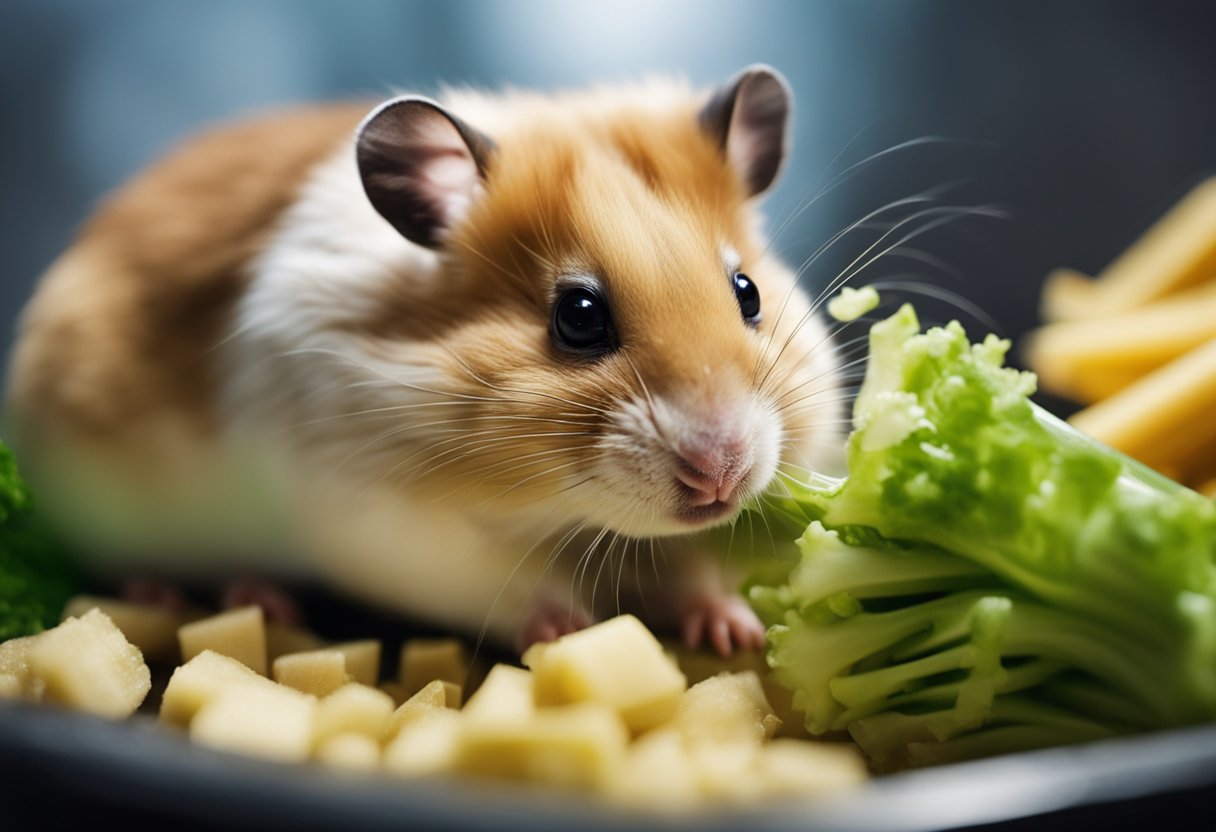 A hamster nibbles on a piece of celery in its cage, surrounded by bedding and a water bottle