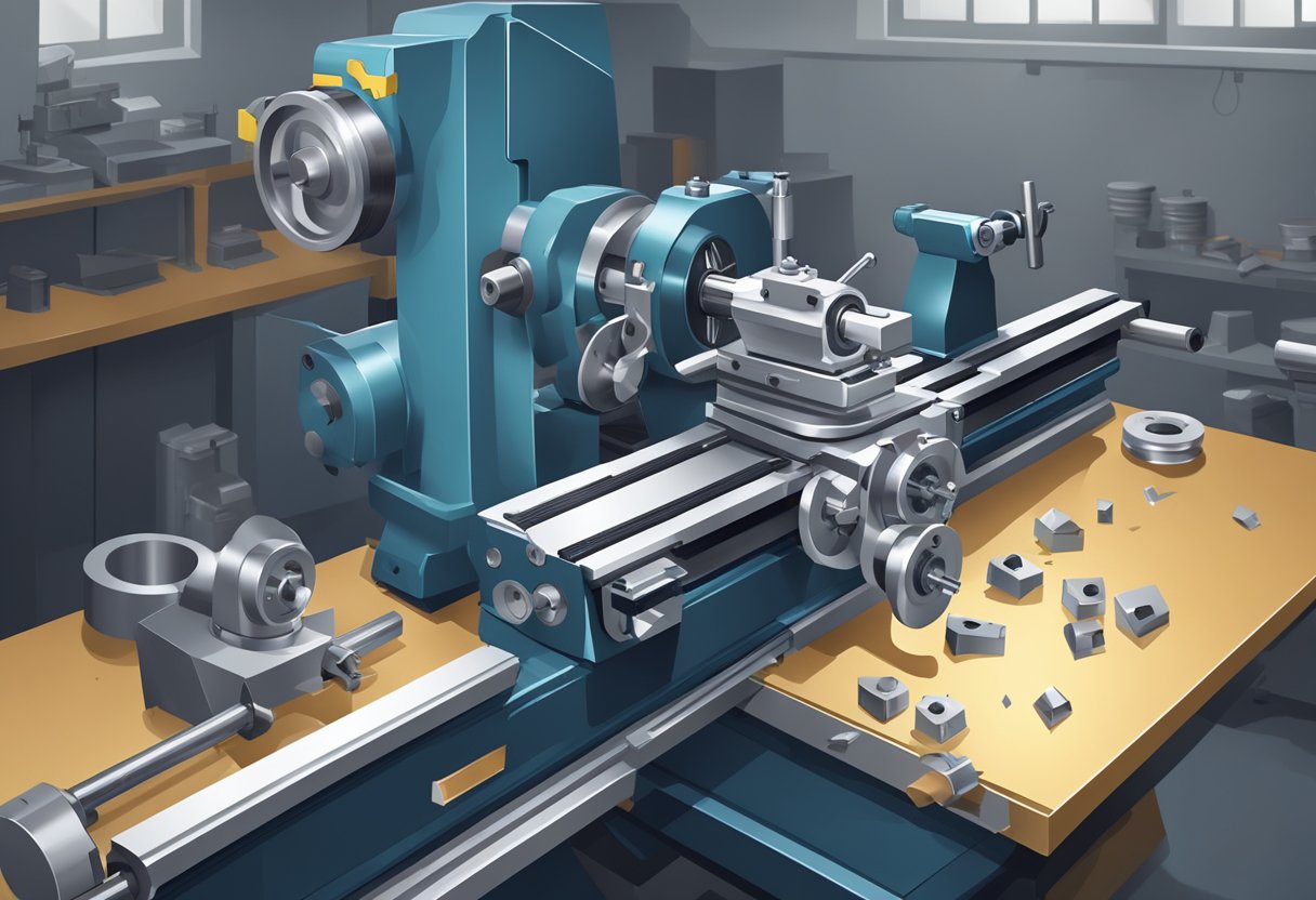 A lathe milling machine in a workshop, with metal chips scattered around and a cutting tool in motion