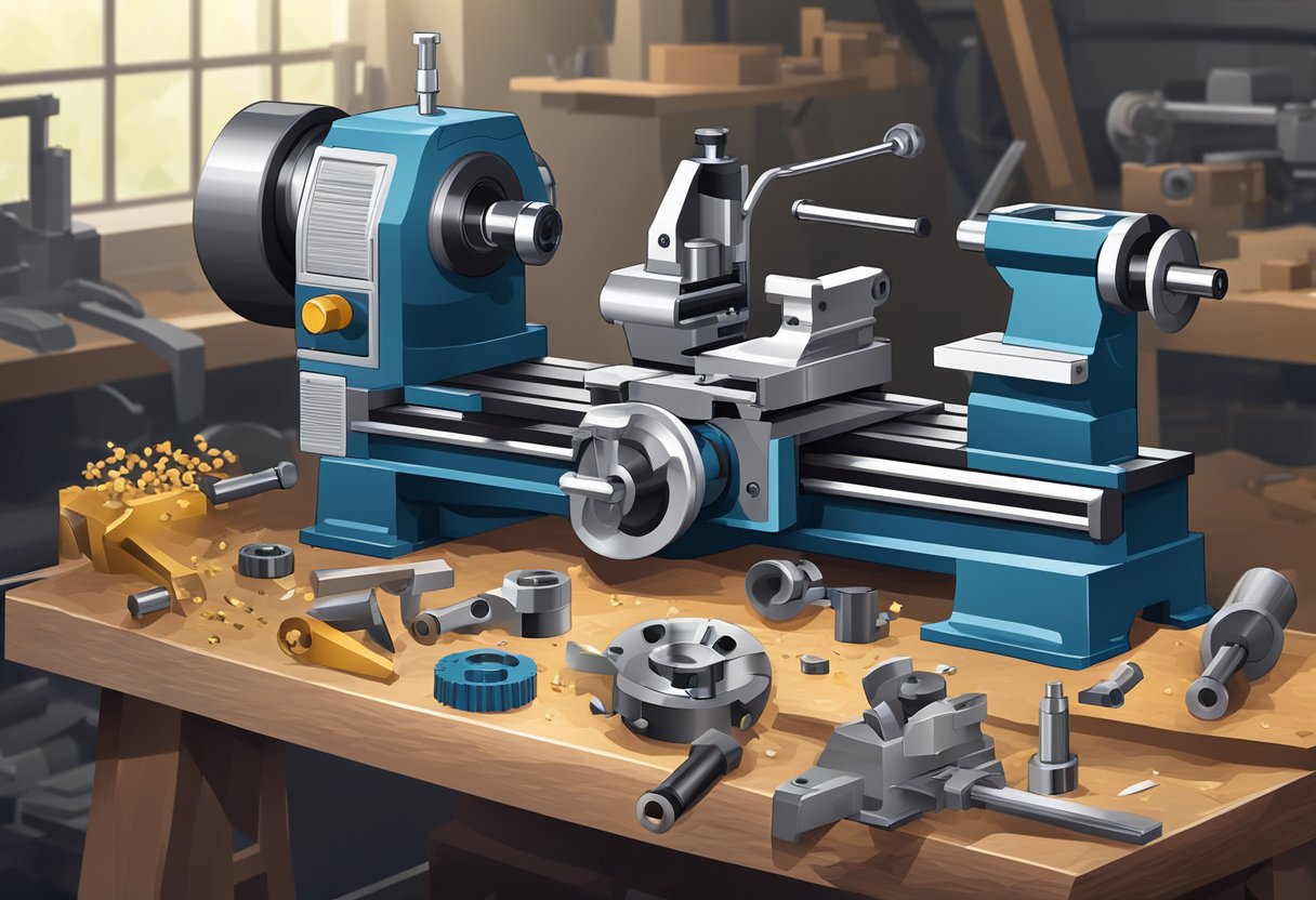 A lathe with a milling head, positioned on a sturdy workbench, surrounded by various cutting tools and metal shavings
