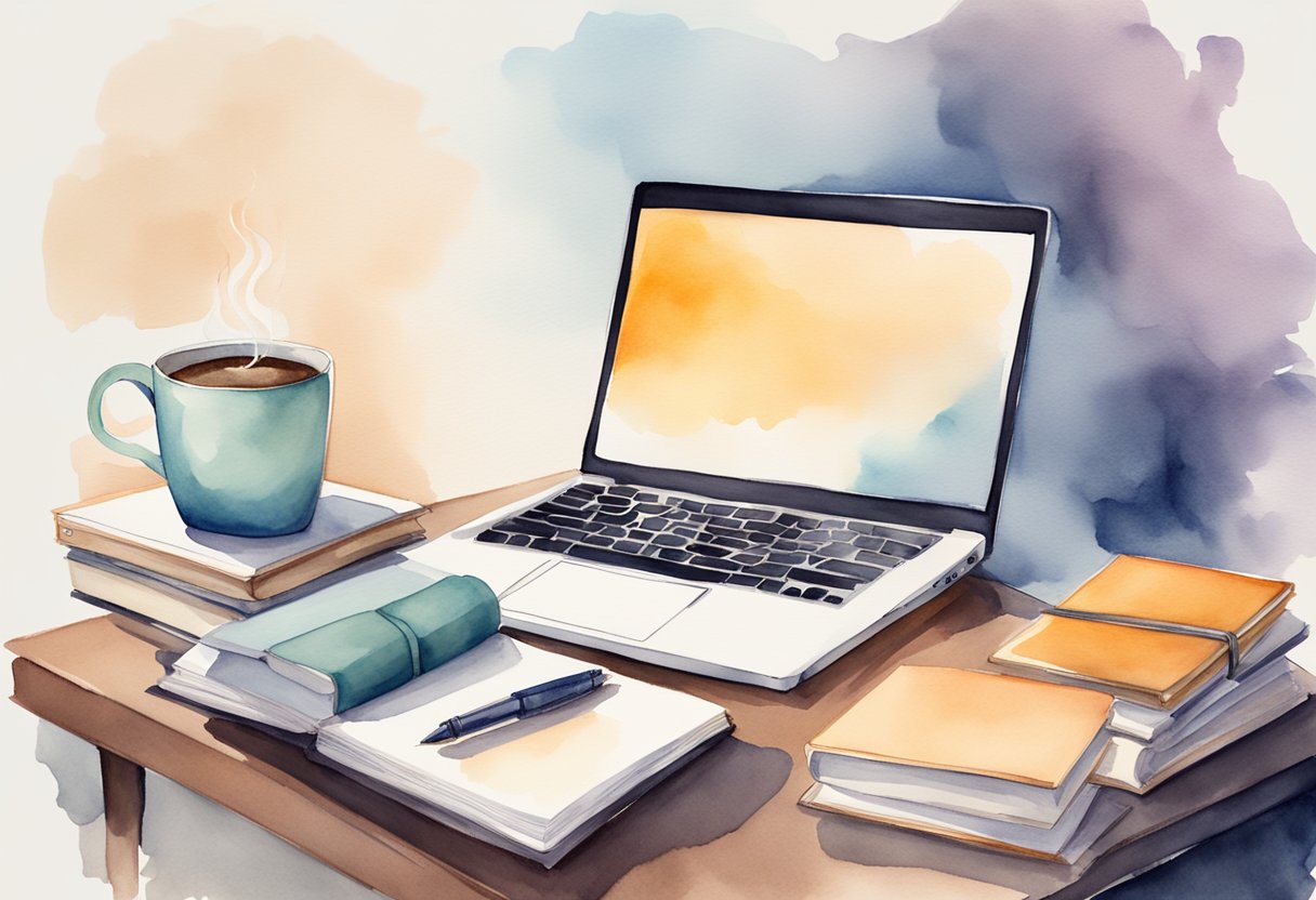 A laptop surrounded by a stack of books and a cup of coffee, with a blank notepad and a pen next to it