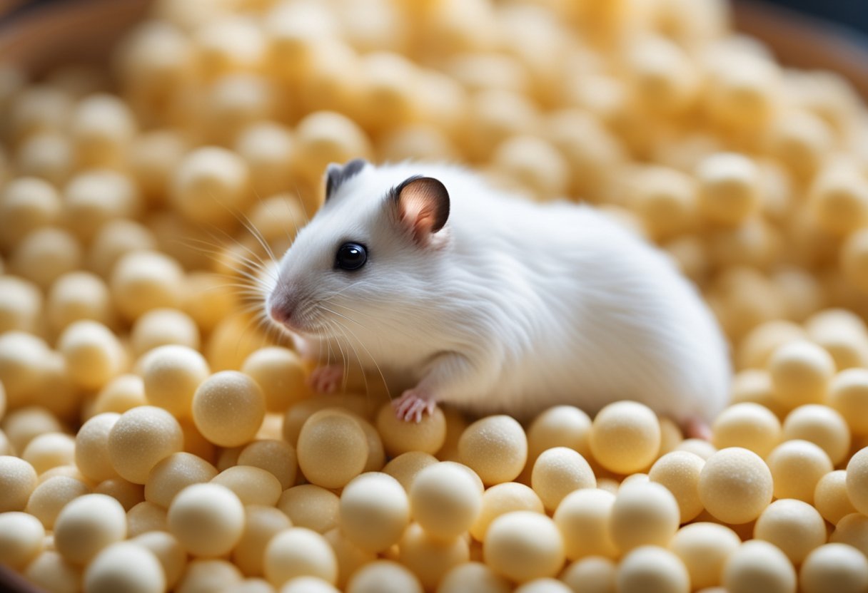 A hamster nibbles on a pile of soft, chewy pellets in its cozy cage