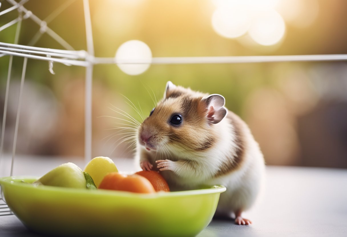 A hamster sitting in its cage, nibbling on a piece of soft fruit or vegetable, with a small bowl of mashed or pureed food nearby