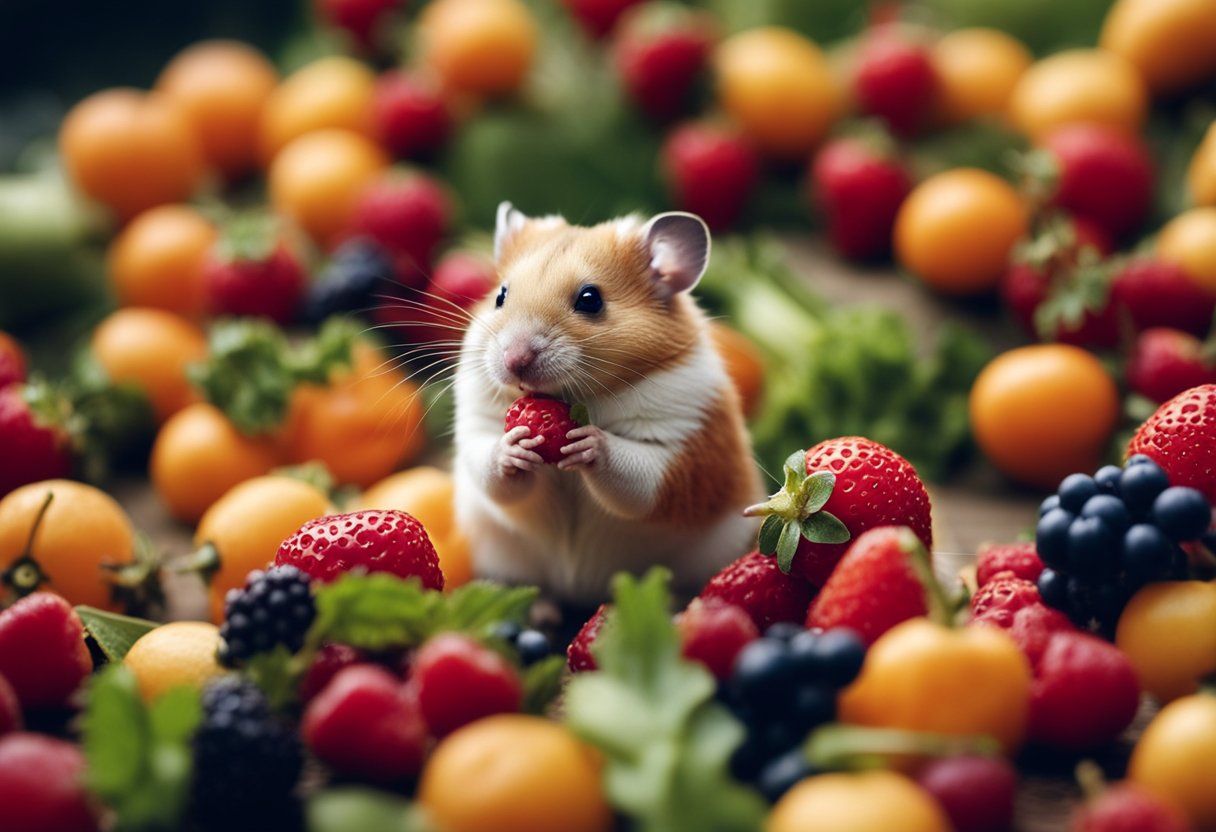 A hamster eating a small piece of soft fruit or vegetable