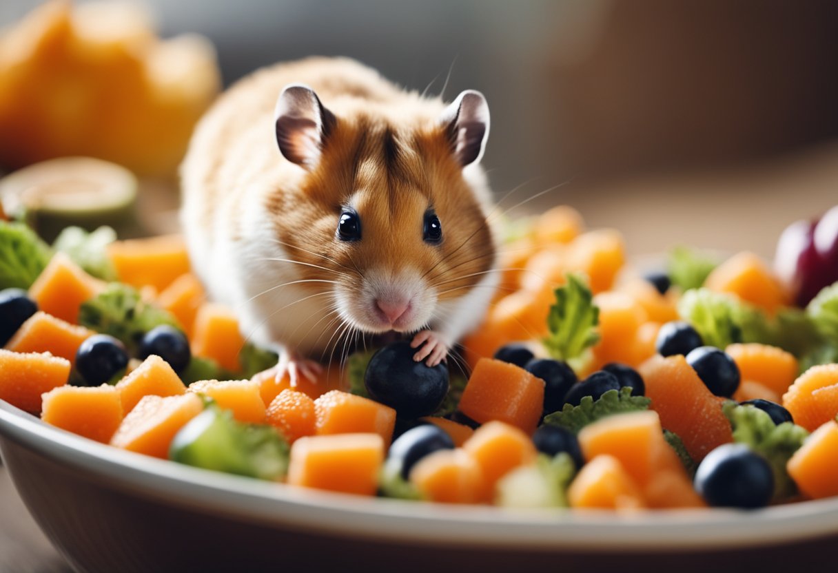 A hamster eating a small piece of soft fruit or vegetable from a feeding bowl