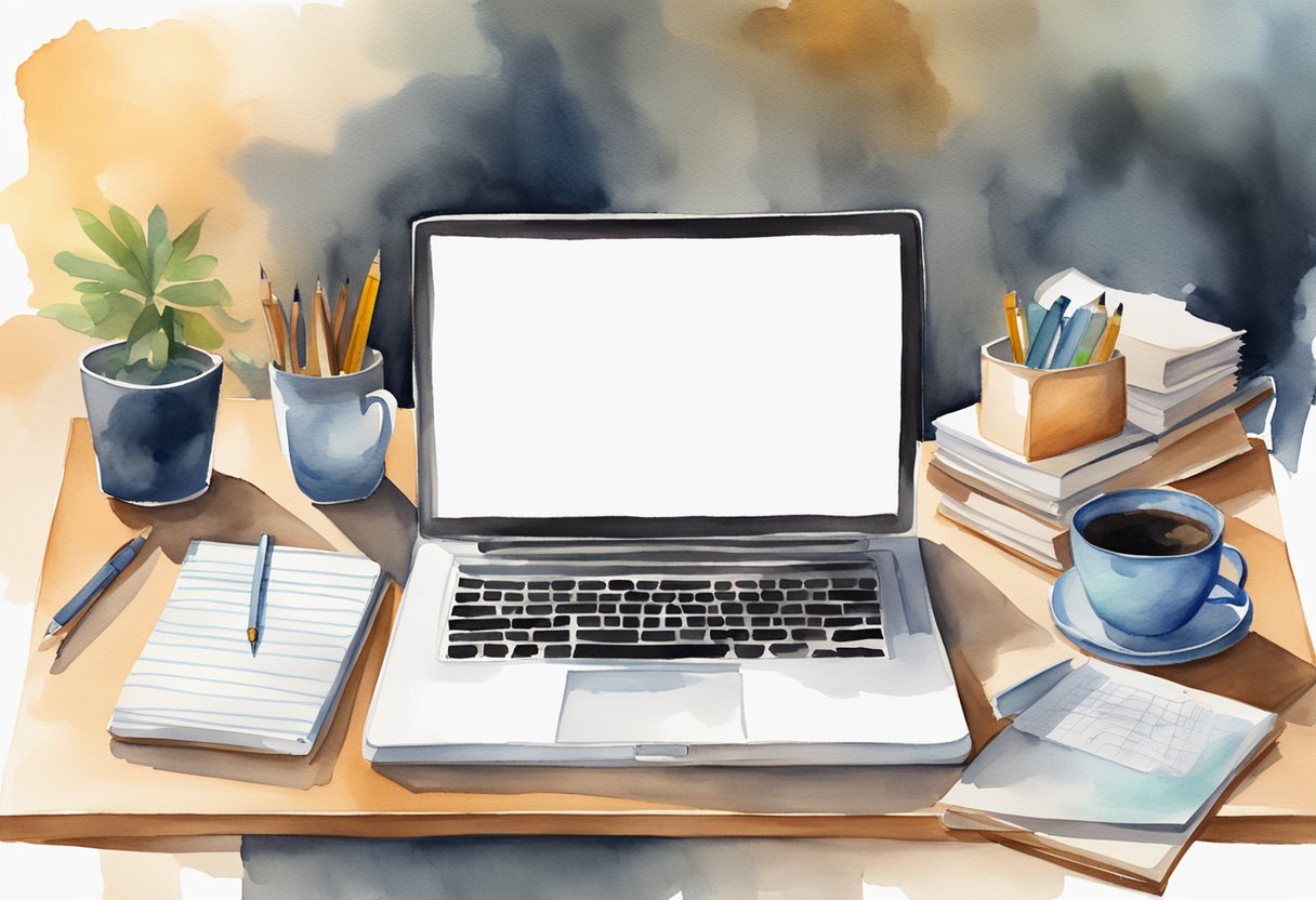 A laptop surrounded by various writing materials and a cup of coffee on a desk