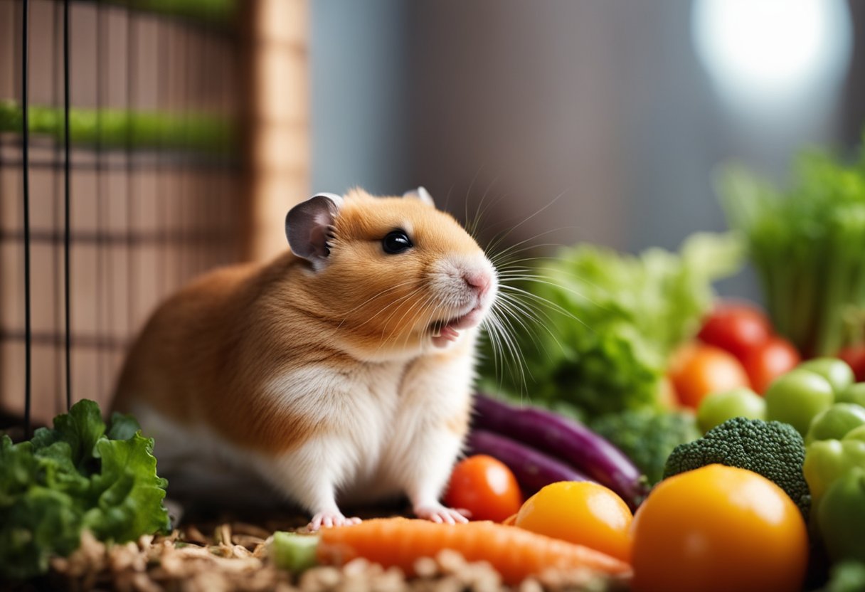 A small hamster nibbles on a pile of soft, fresh vegetables and fruits in a cozy cage