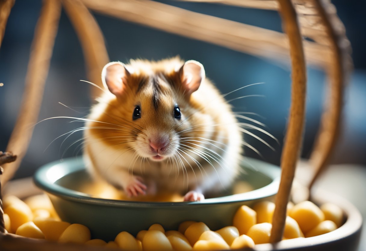 A hamster eating soft food from a small bowl in its cage