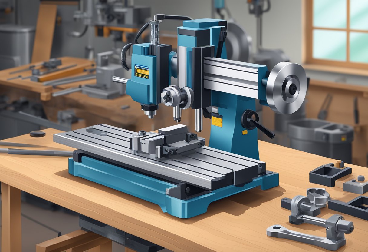 A tabletop turning and milling machine sits on a sturdy workbench, with metal materials nearby. The machine's various components are clearly visible, and it appears ready for use