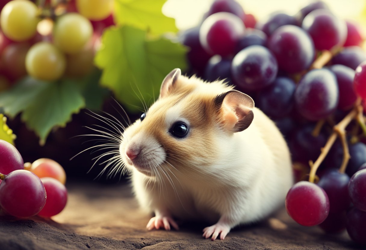 A hamster sits beside a bunch of grapes, sniffing and nibbling on one