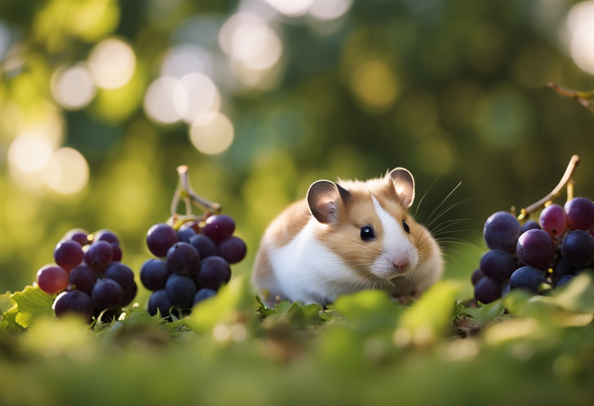 A hamster sits beside a small pile of grapes, sniffing them with curiosity
