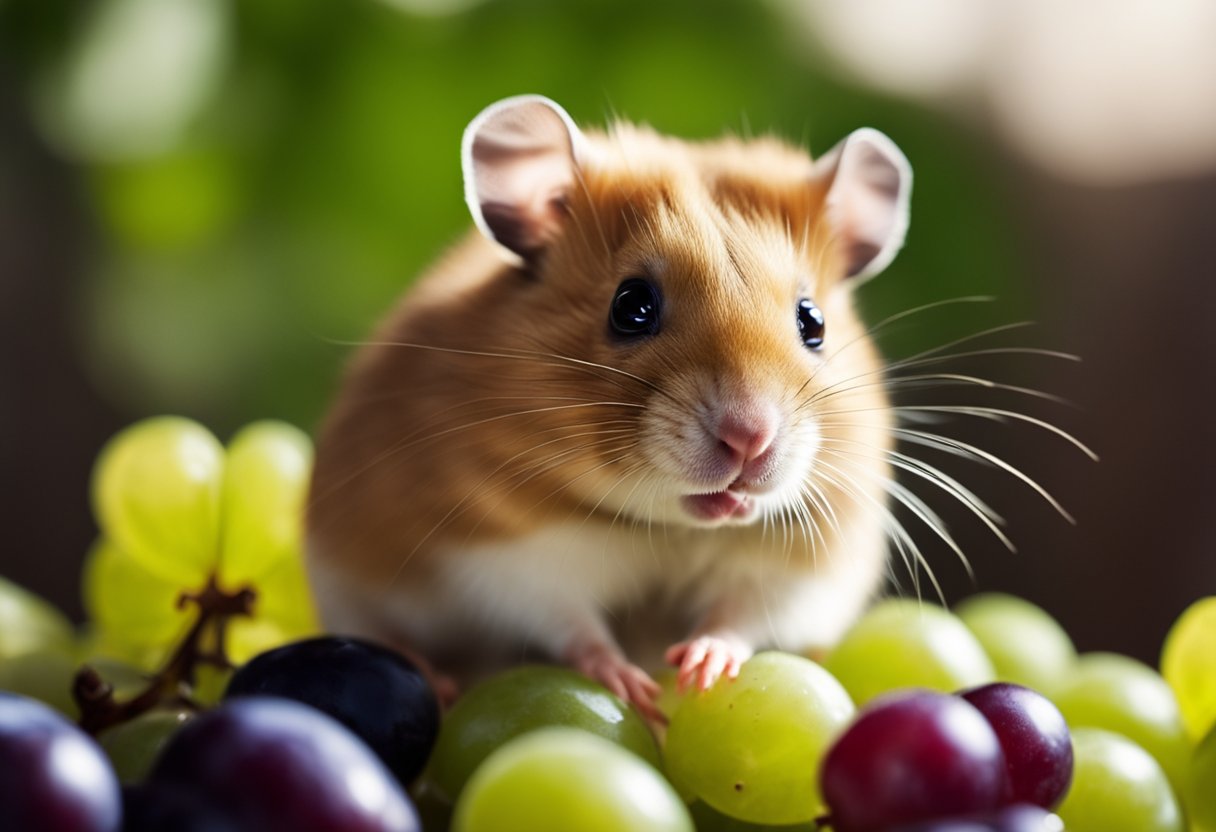 A hamster nibbles on a bunch of grapes, its cheeks bulging with the fruit as it sits in its cage