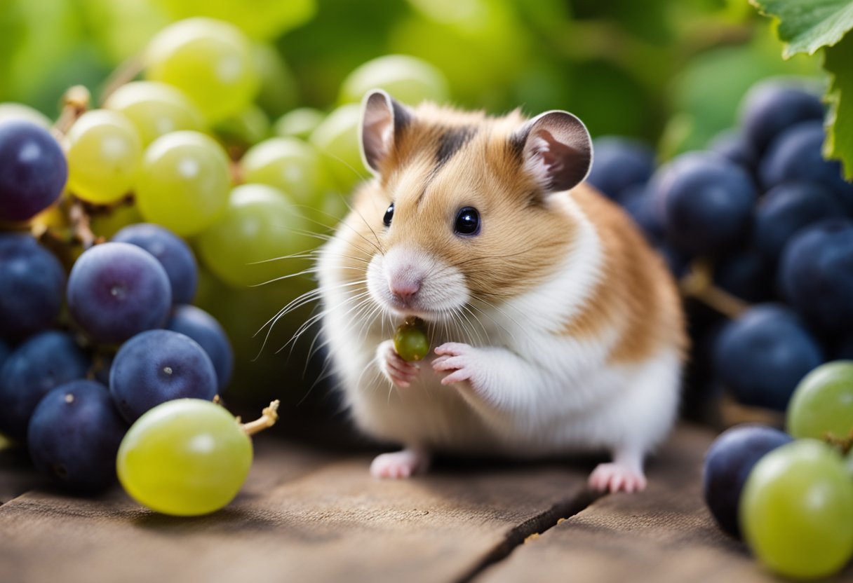 A hamster sits near a cluster of grapes, sniffing and nibbling cautiously