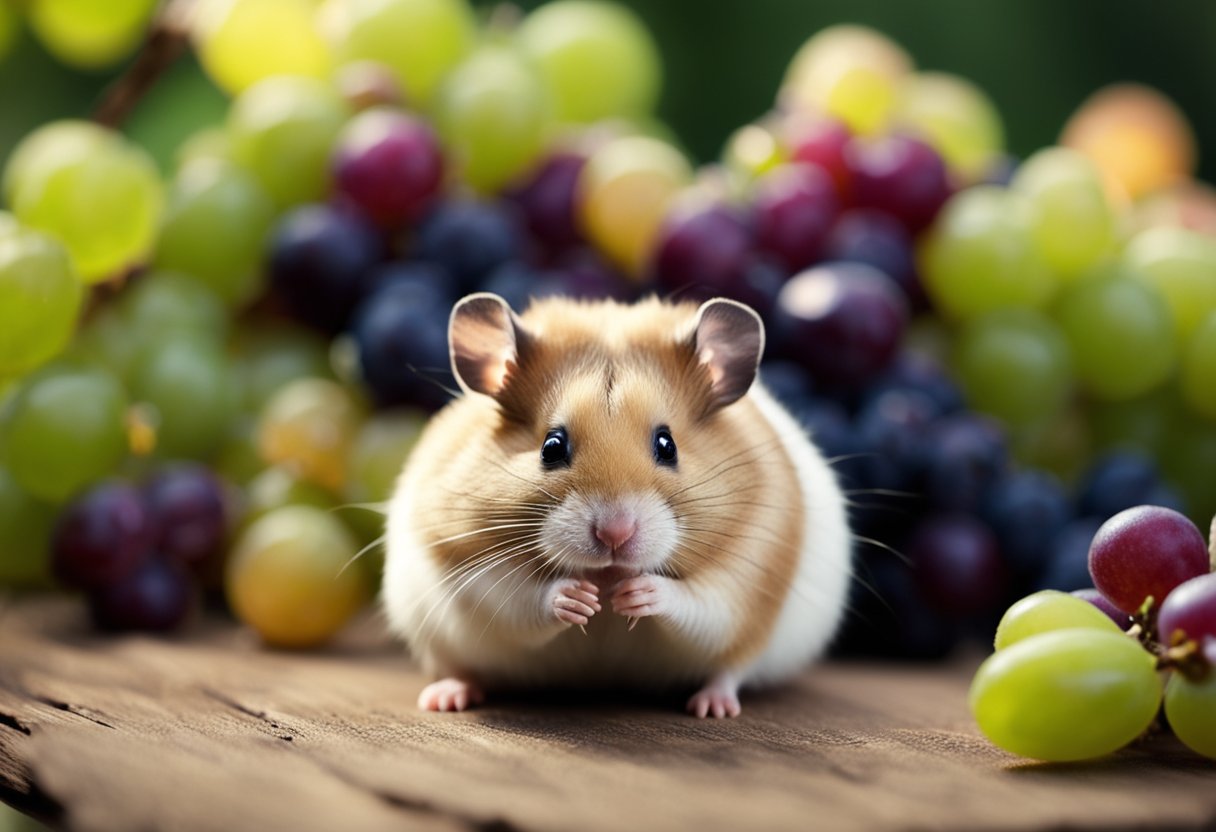 A hamster sits near a pile of grapes, looking curious and ready to eat