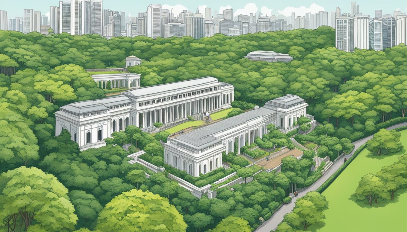 The lush greenery of Fort Canning Park contrasts with the modern skyline of Singapore. The historic landmarks and architectural highlights stand out against the backdrop, creating a captivating scene for an illustrator to recreate