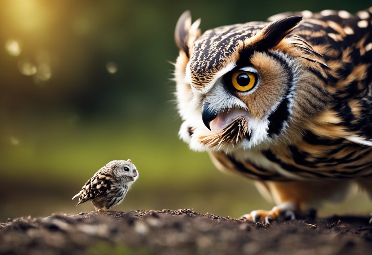 A ferocious owl swoops down on a small, unsuspecting hamster, its sharp talons ready to snatch the helpless prey