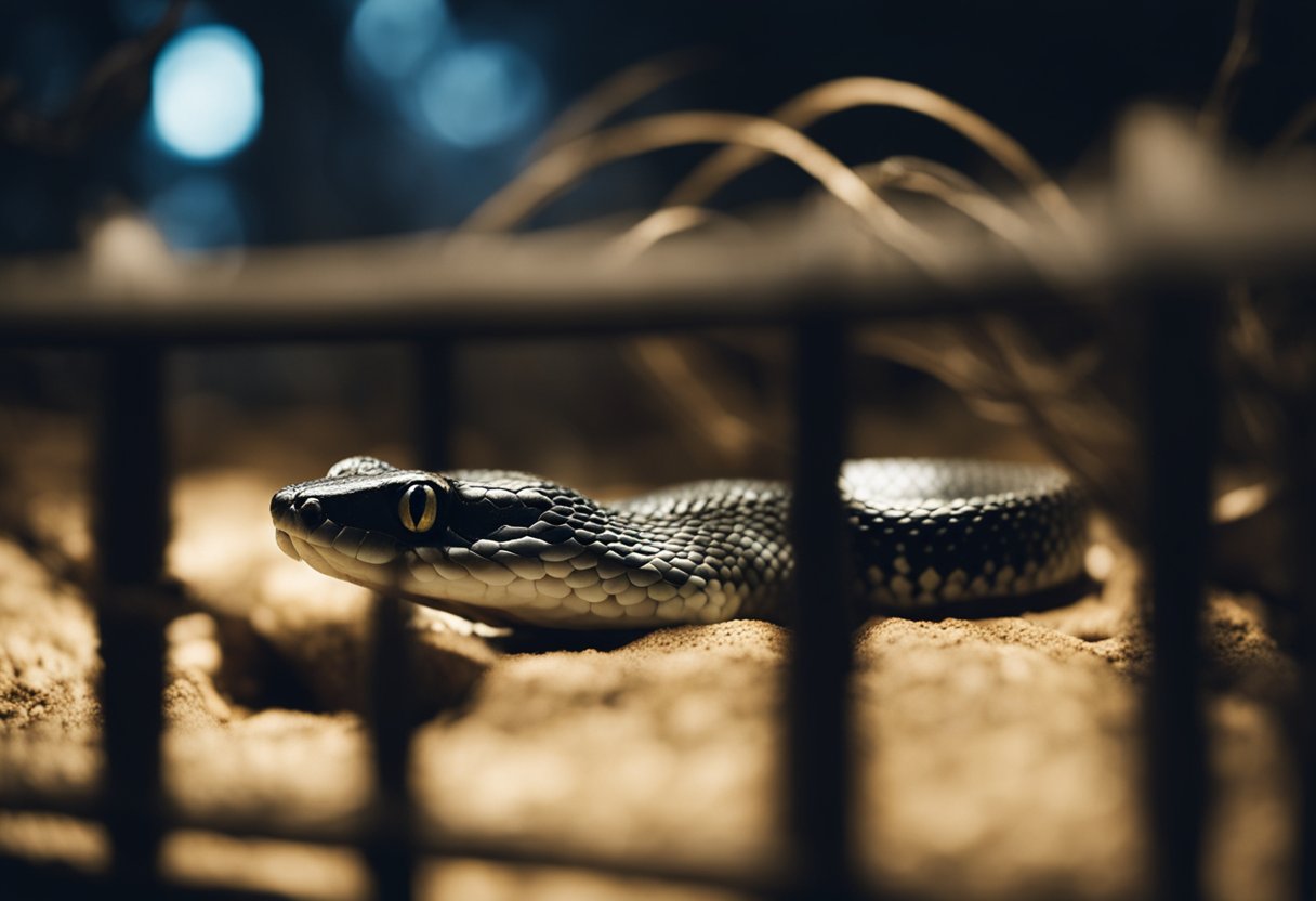 A menacing snake slithers towards a cowering hamster in a dimly lit cage