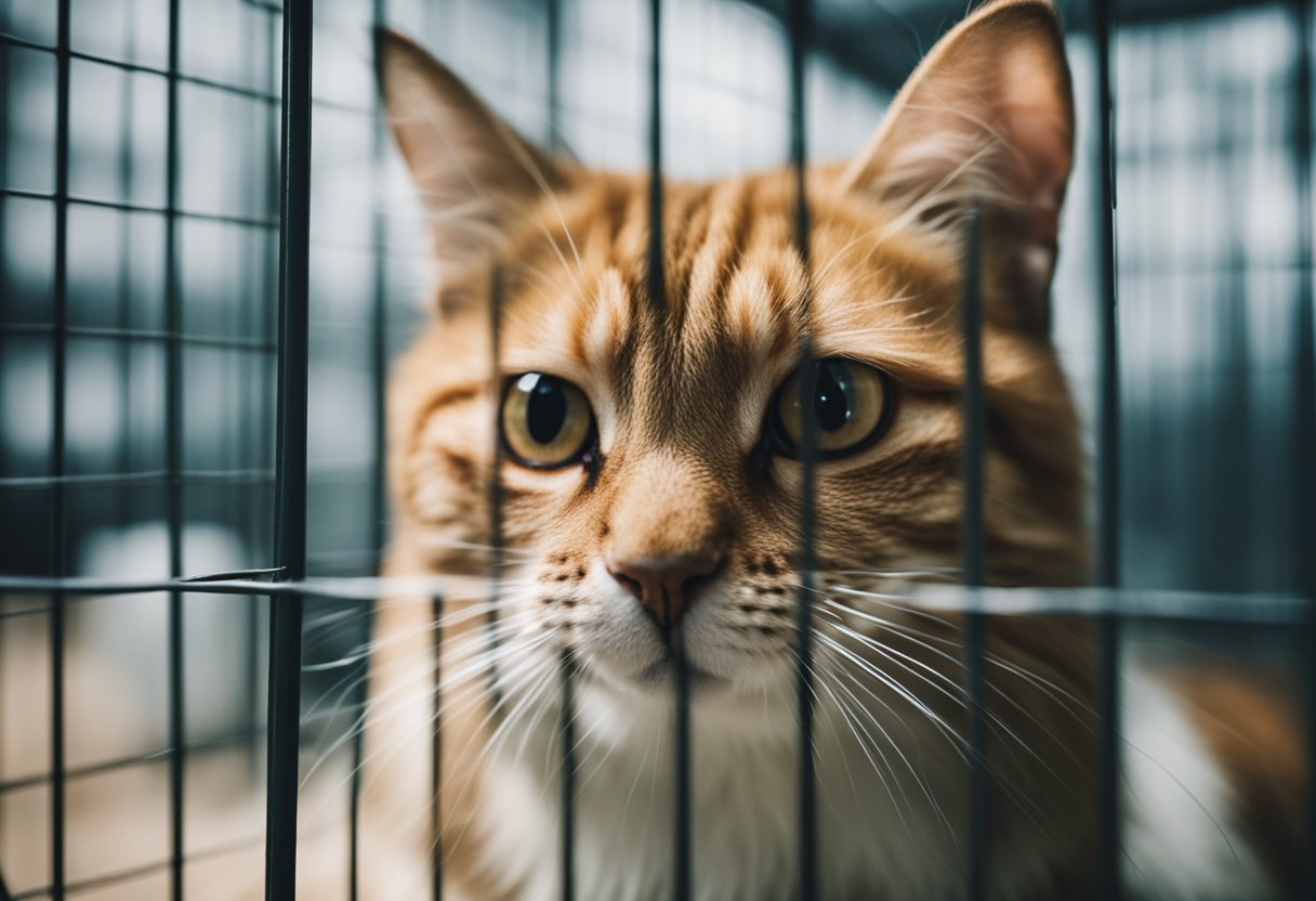 A fierce cat lurks behind a cage, eyeing a small hamster with hunger