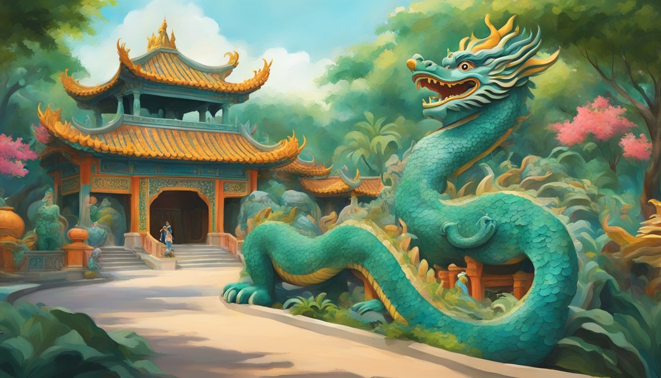 Vibrant Haw Par Villa: colorful statues, lush gardens, dragon sculptures, and intricate architecture. A lively and captivating attraction