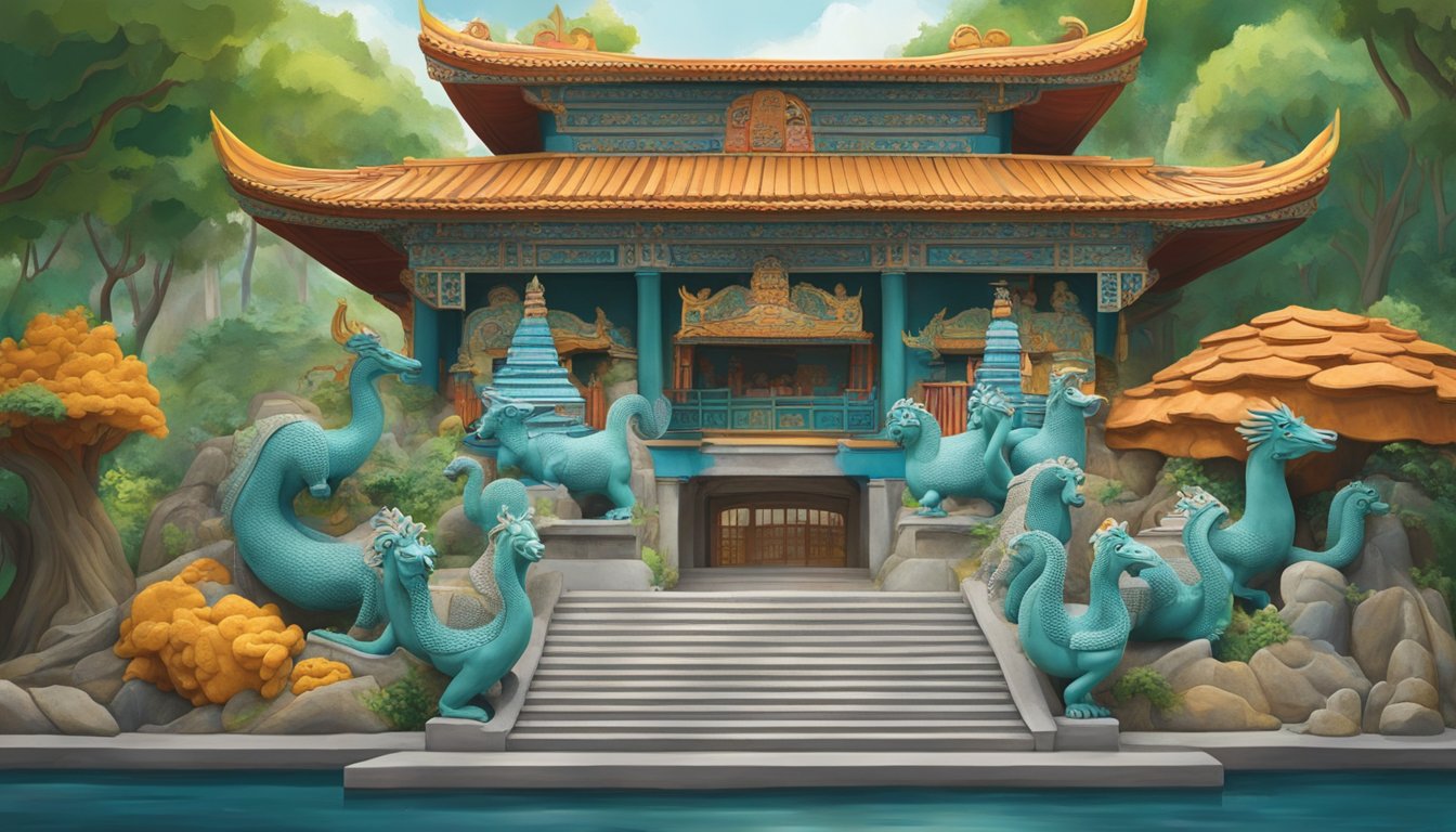 A vibrant, detailed diorama of Haw Par Villa's iconic statues and colorful architecture, capturing the rich history and cultural significance of the Singaporean attraction